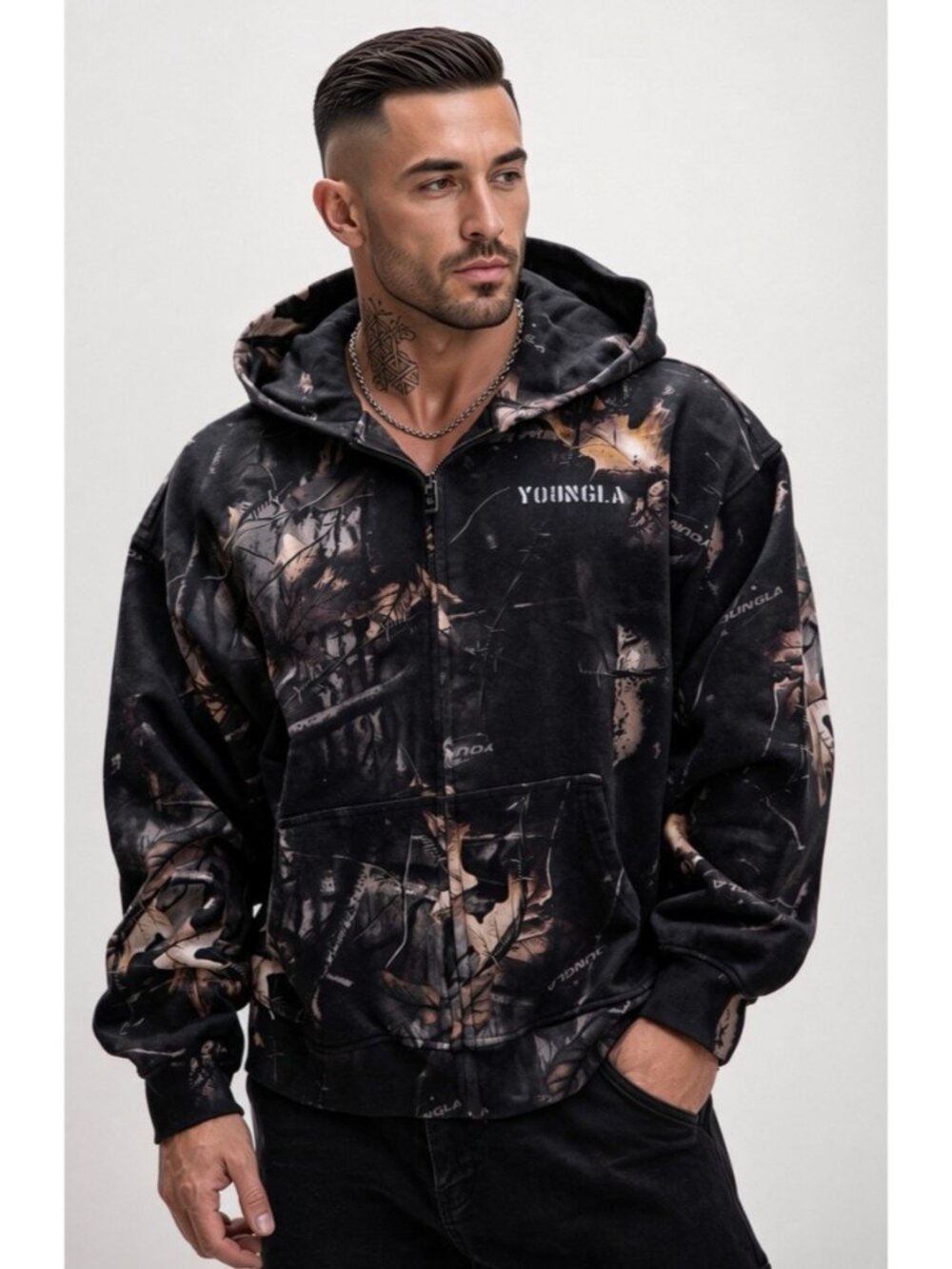 YoungLA Black Tree Camo Collection Zip-Up Hoodie Sweatshirt YLA-5116